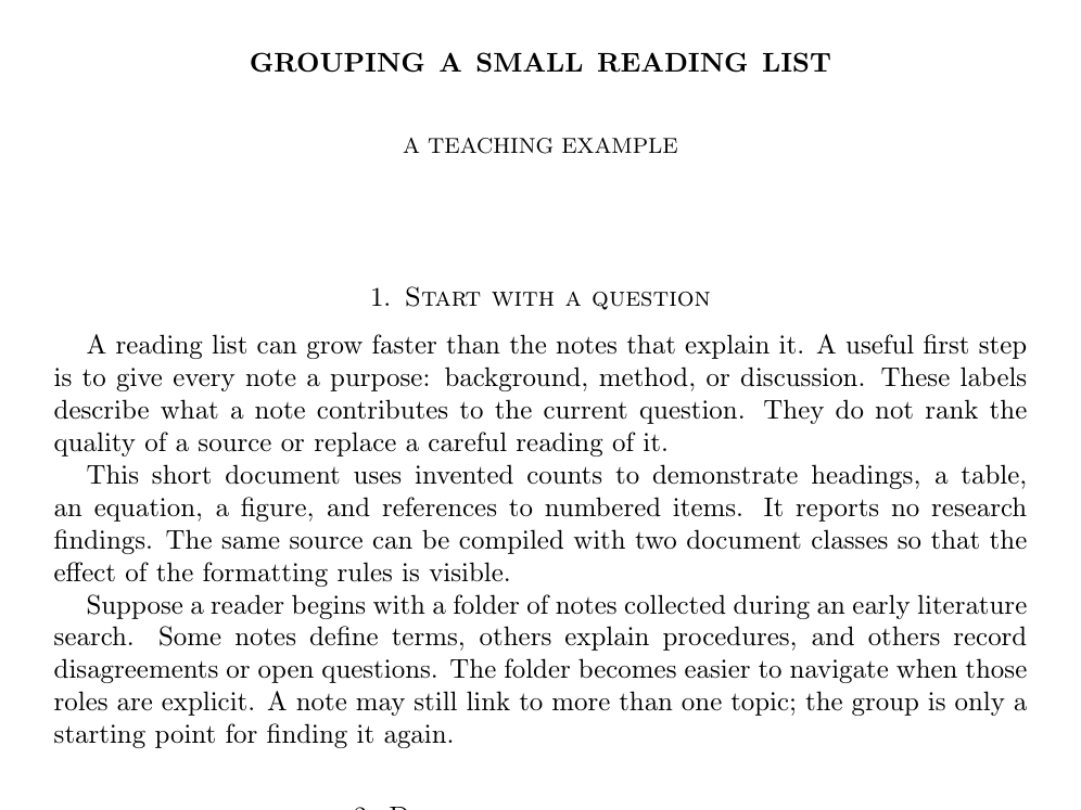 First page of the shared teaching example in amsart: one column, centered headings.