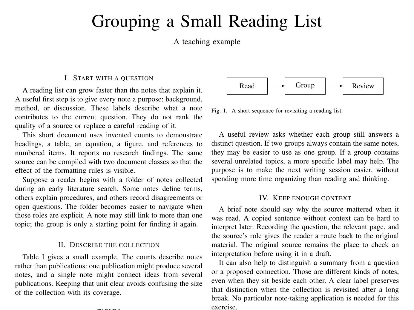 First page of the shared teaching example in IEEEtran: two columns, Roman-numbered headings.