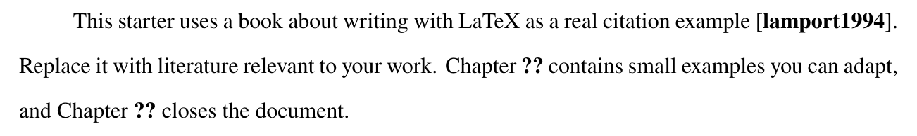 Chapter 1 after step 1. The sentence reads "a real citation example [lamport1994]" with the key in bold, then "Chapter ?? contains small examples you can adapt, and Chapter ?? closes the document."