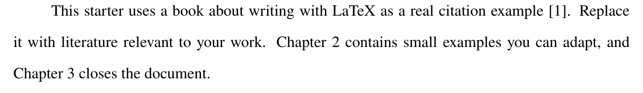 Chapter 1 after step 3: "a real citation example [1]", then "Chapter 2 contains small examples you can adapt, and Chapter 3 closes the document."